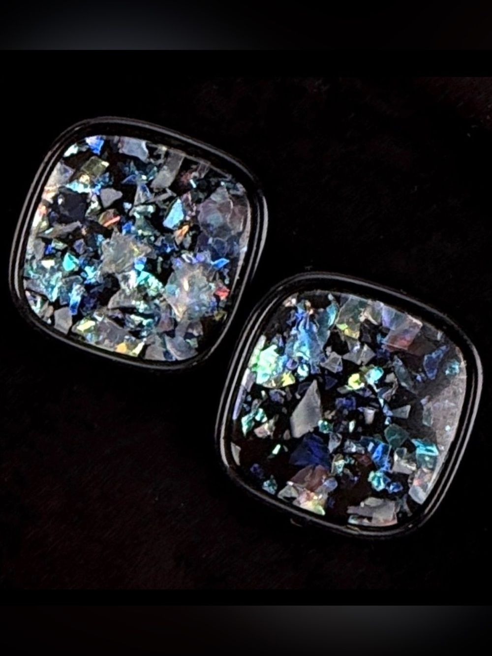 Vintage retro, black and blue raised square shape pierced earrings